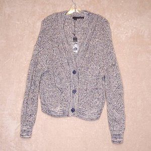360 Sweater Womens Cardigan Gray Navy Long Sleeve V Neck Tight Knit Button M New